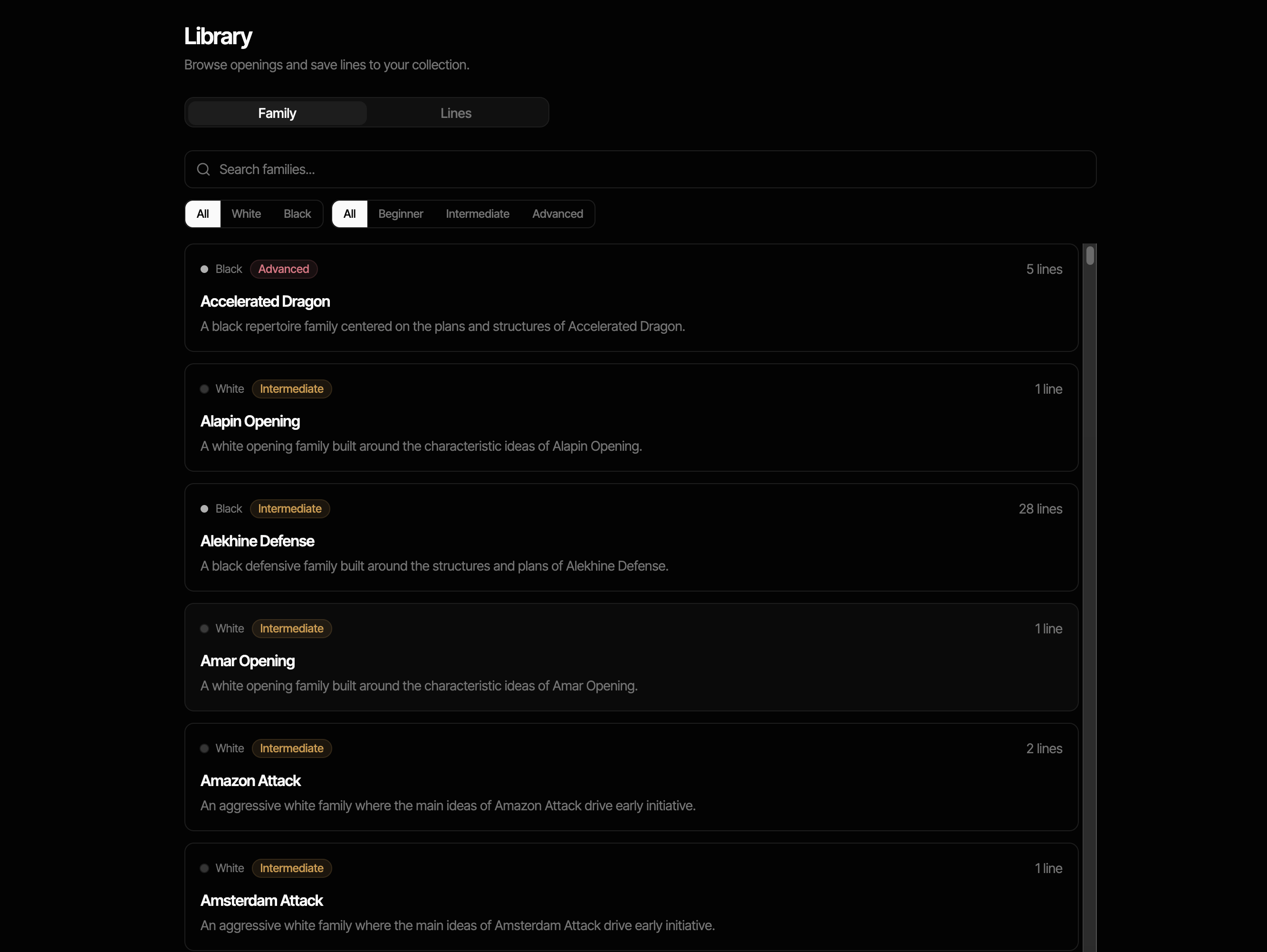 Opening library showing families filtered by color and difficulty.